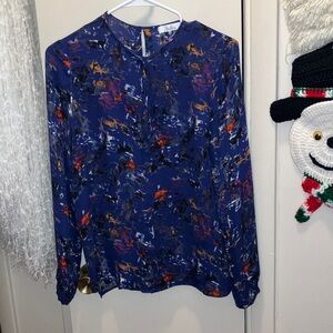 Parker Multicolor Abstract Print Long Sleeve Blouse 100% Silk Medium